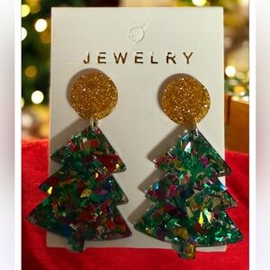 Festive Gold and Multicolor Christmas Tree Earrings